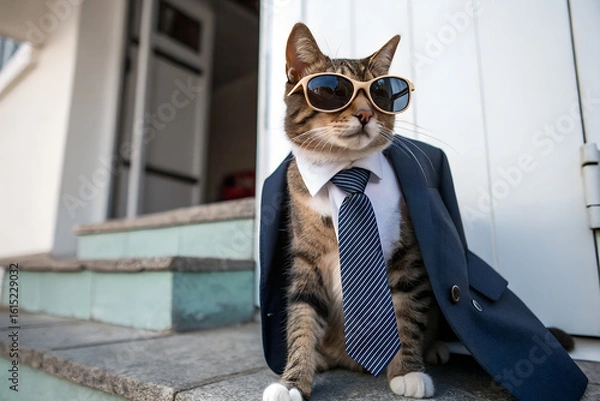 Fototapeta Cool Cat in Sunglasses and Suit – Stylish Generative AI Character Portrait.
