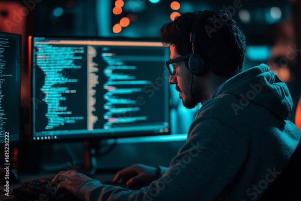 Fototapeta Indian programmer working at night 