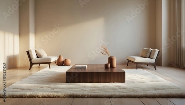 Fototapeta Serene and minimalist living room interior with a comfortable beige sofa and dark wood furniture, bathed in warm natural sunlight