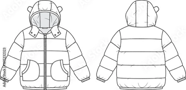 Fototapeta CAD drawing, flat vector illustration of cute kids winter jacket, front and back view, puffer coat with hood and ears