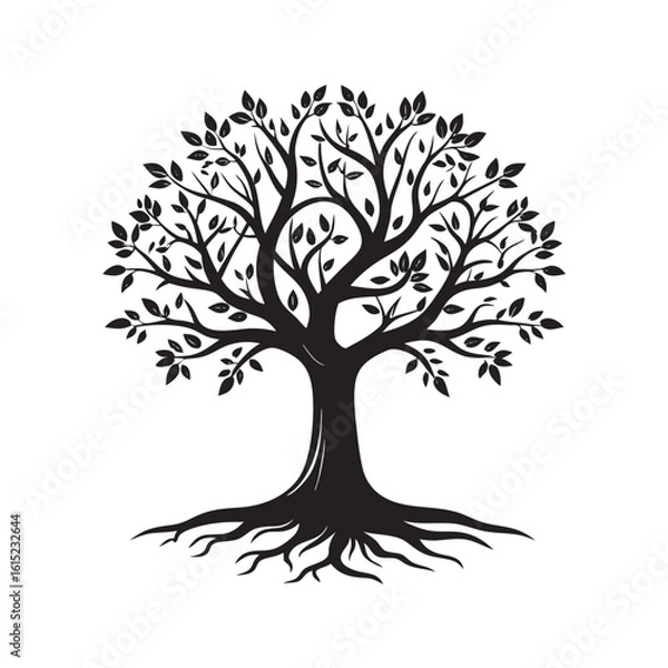 Obraz Elegant Black Silhouette of a Majestic Tree with Intricate Branches and Visible Roots Ideal for Natural Designs and Symbolizing Growth and Connection