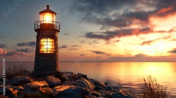 Fototapeta Lighthouse at sunset over calm sea