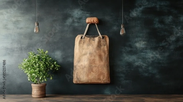 Fototapeta Rustic, Hanging Bag Against Dark Wall