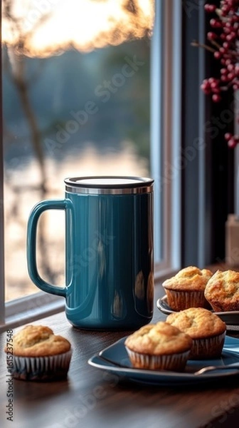 Fototapeta Teal mug, muffins, window view
