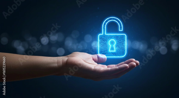 Obraz Cybersecurity Shield: A luminous lock levitates in the palm of a hand, representing the abstract concept of safety, security, and the defense of valuable digital information.