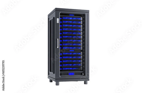Obraz Dark gray server rack with illuminated drive bays