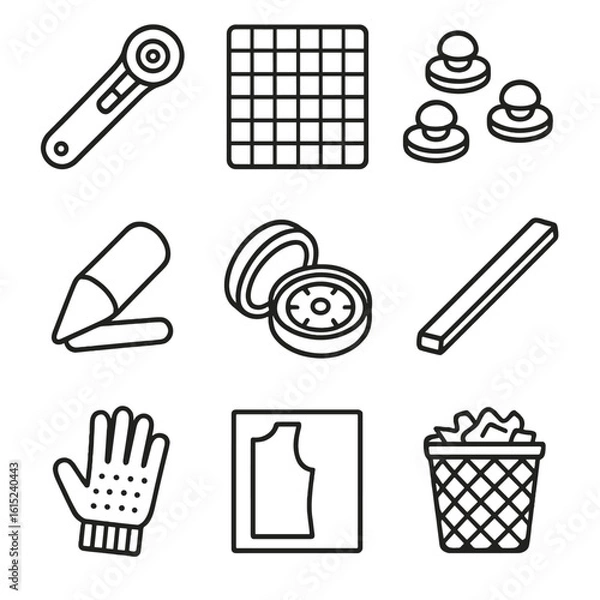 Obraz Fabric Cutting Station Icons. Line style icons of Fabric Cutting Station: rotary cutter, self-healing mat, pattern weights, chalk