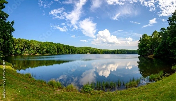Fototapeta Idyllic lake scene with reflections and a forest backdrop showcasing natures splendor