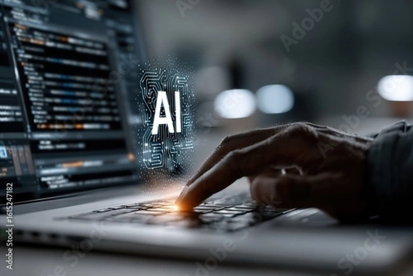 Fototapeta AI agent and intelligent automation IA technology. Business process automation BPA system. Businessman using laptop computer to give instructions to AI at desk in office. High quality