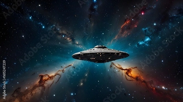Fototapeta A spaceship floating between two distant galaxies 