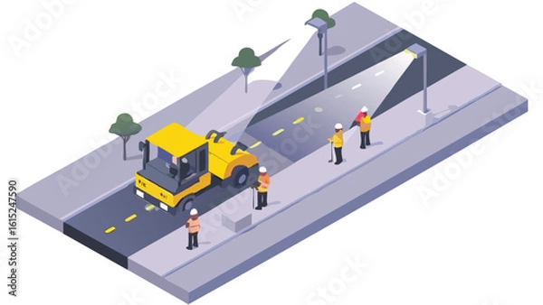 Fototapeta Isometric view of road construction with workers, roller, street lights and trees in the scene