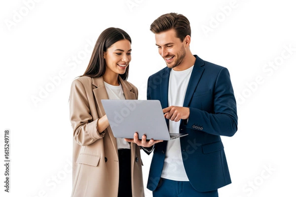 Obraz business people holding a laptop isolated on white