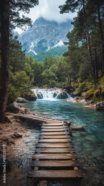 Fototapeta Mountain stream with wooden bridge