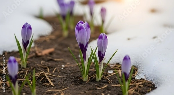 Fototapeta Purple Crocus Flowers in Spring Snow