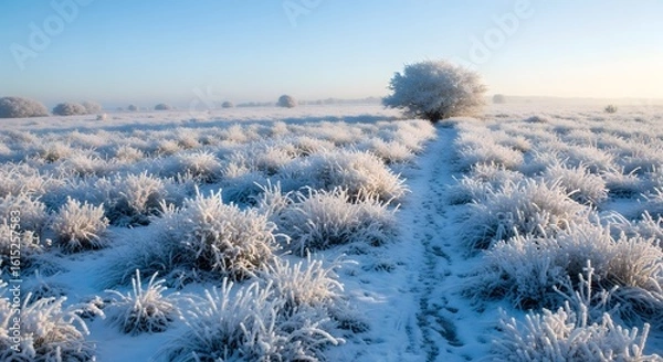 Obraz Frozen Field with Tree and Path in Winter Landscape