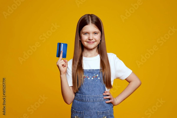 Obraz A cheerful young girl displays a blue credit card with confidence, standing in front of a bright yellow backdrop. Ideal for financial services or children marketing campaigns.