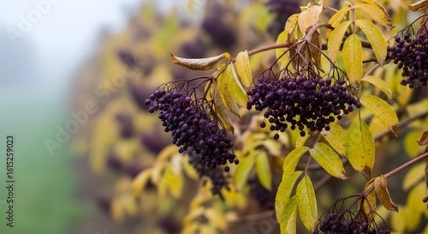 Obraz Elderberry Bush with Dark Berries and Yellow Leaves