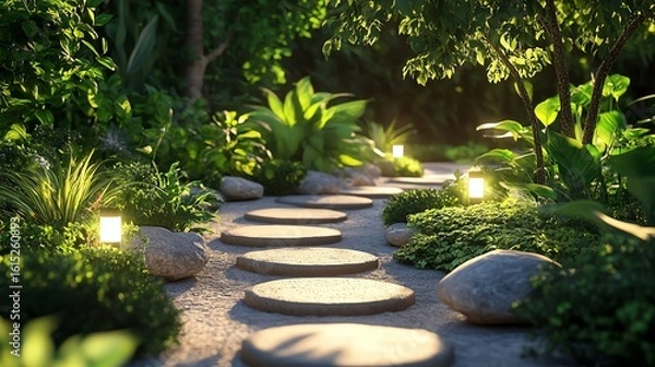 Fototapeta An ornamental garden pathway featuring stepping stones and solar lights, with realistic shadows and lush greenery enhancing the beauty.