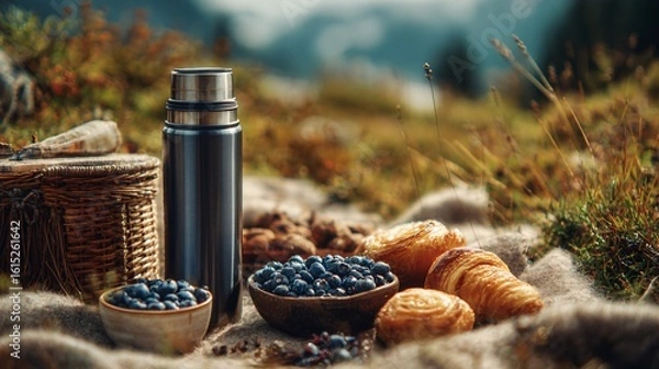 Obraz A mountain meadow picnic with thermos, pastries, and blueberries, cool earthy tones, copy space