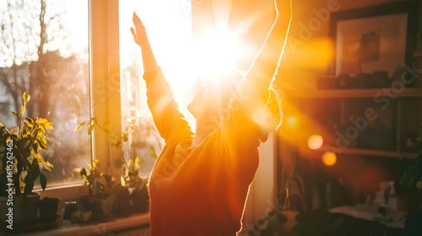 Fototapeta Person stretches arms towards warm sunlight streaming through a window.  Sunlight highlights the silhouette of the person, who appears happy and energized. Plants are visible in the foreground