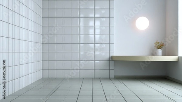 Fototapeta Minimalist white tiled bathroom with wall light and small countertop vase