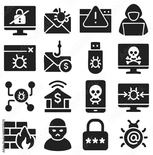Fototapeta A comprehensive set of cyber security icons depicting digital threats, including malware, phishing, hacking, and data breaches. the collection provides a visual representation of