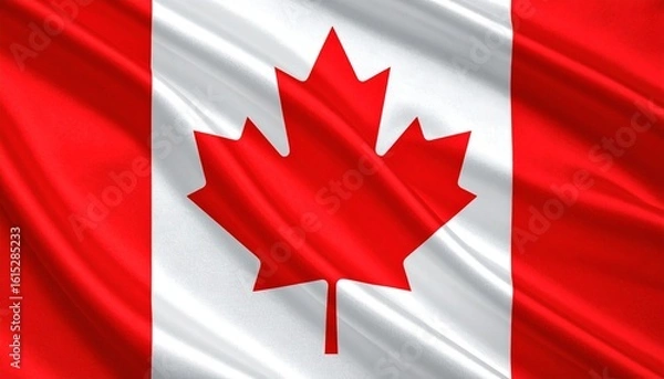 Fototapeta Canadian flag with vivid red bands and iconic 11-point maple leaf on white—symbolizing peace, nature, identity, and resilient unity in a land of diversity.