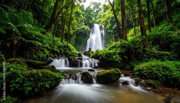 Fototapeta Majestic waterfall cascading through a vibrant, lush green forest landscape, creating a serene and