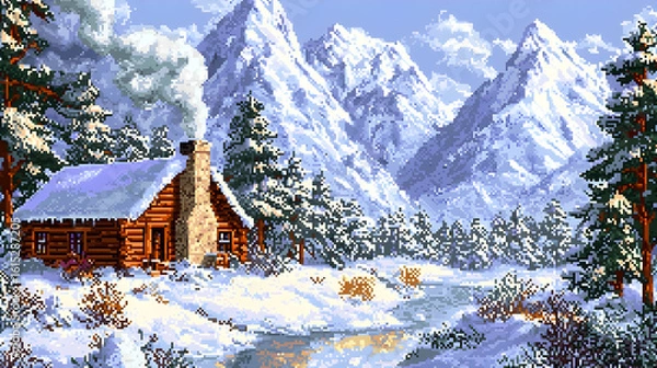 Fototapeta Snowy cabin nestled in a mountain valley, surrounded by snow-covered pines and peaks.  A gentle stream flows nearby, and smoke rises from the cabin's chimney