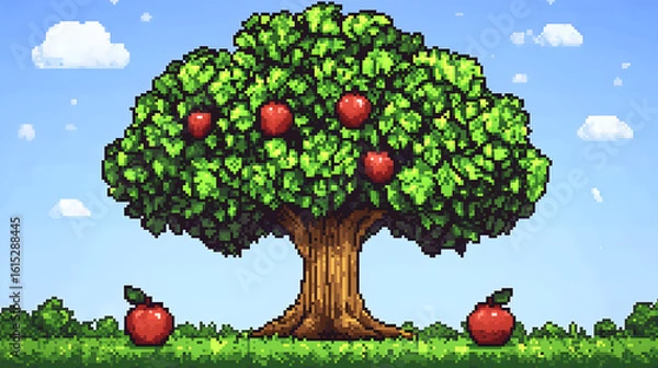Fototapeta Pixel art of a large tree with red apples. Lush green foliage, light blue sky, and puffy white clouds. Two apples on the ground beneath the tree