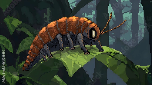 Fototapeta Pixel art creature, orange-brown segmented body, large eyes, on a jungle leaf, forest background