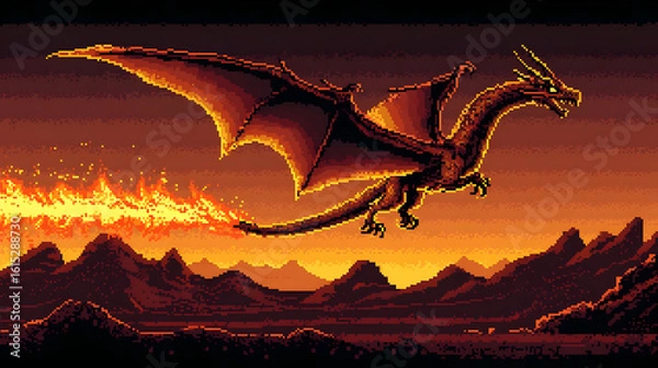 Fototapeta Fiery dragon soars through a fiery sunset landscape.  Dragon with large wings and tail, emitting flames.  Mountainous terrain in the background