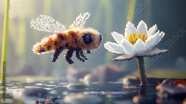 Fototapeta Pixelated bee, hovering near a lily pad, in a tranquil pond setting.  Detailed pixel art, displaying soft lighting and a close-up view of nature