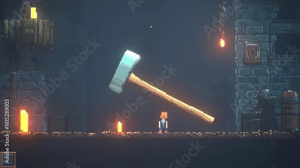 Fototapeta Pixelated axe, dungeon, small character, dimly lit, medieval-style,  glowing candles, stone walls,  wooden structures