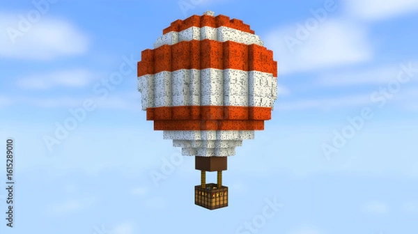 Fototapeta Pixelated hot air balloon, red and white stripes, against a light blue sky.  It has a basket at the bottom