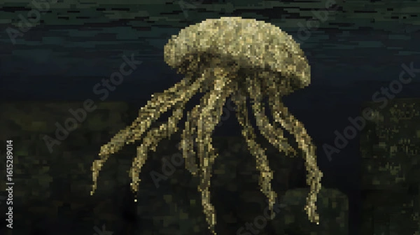 Obraz Pixelated jellyfish, pale beige, floating in dark underwater scene.  Detailed textures of the bell and tentacles.  Dark, muted tones