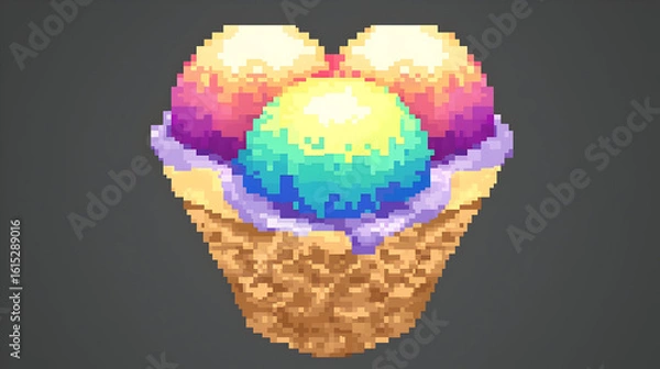 Fototapeta Pixel art of a heart-shaped waffle cone filled with three scoops of colorful ice cream.  The ice cream has vibrant rainbow colors, and the waffle cone is a light brown