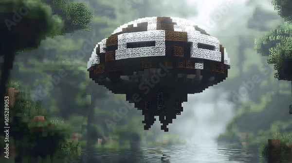 Fototapeta Floating, stylized craft, pixelated design, hovers above a misty forest stream, surrounded by lush greenery