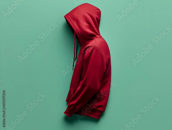 Fototapeta Profile view of a vibrant crimson hoodie, featuring a zipped front, a comfortable hood, and a simple design. The hoodie is presented against a striking teal backdrop, highlighting its color