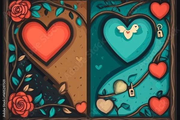 Obraz Colorful orchard path framed with hearts and roses highlights love and connection in nature setting