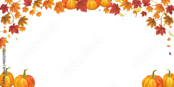 Fototapeta Autumn leaves and pumpkins border isolated on transparent background
