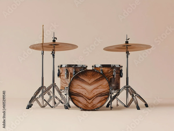 Fototapeta Full drum kit, light brown wood finish, metallic hardware, simple backdrop.  Detailed view of cymbals, bass drum, and snare drum
