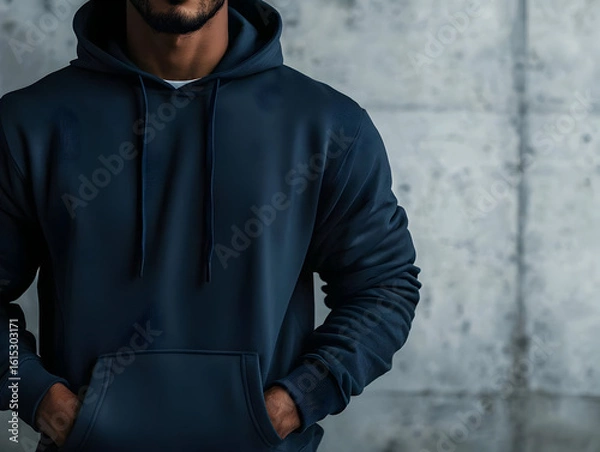 Fototapeta Close-up of a dark navy blue hoodie with hands in pockets on a man