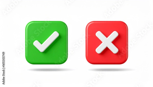 Obraz Yes and no 3d icon buttons with green check marks and red crosses for web design