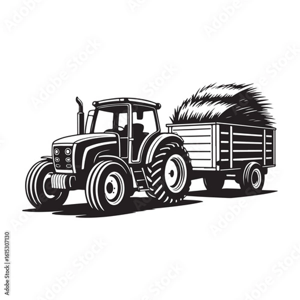 Obraz Farm tractor pulling hay trailer silhouette