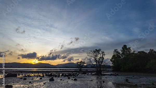 Fototapeta Golden hour unfolds in a mesmerizing time lapse as sunlight pours through the gaps in the mangrove trees. Gentle waves lap the shoreline, adding movement to this serene and meditative coastal scene.