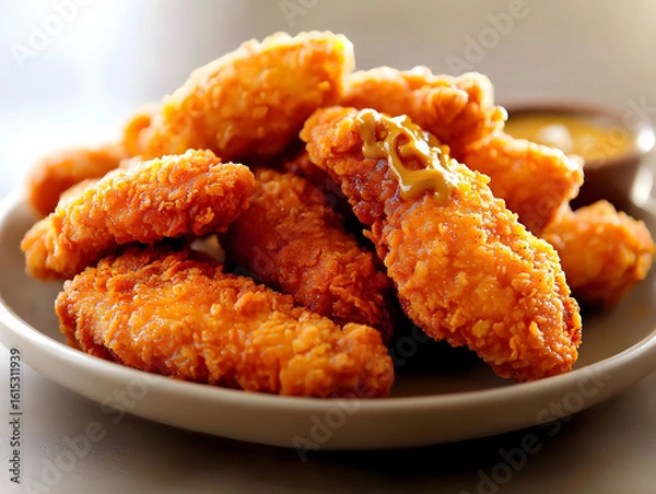 Fototapeta Crispy chicken tenders piled high on a plate, drizzled with mustard sauce.  Close-up view of the golden-brown, breaded pieces