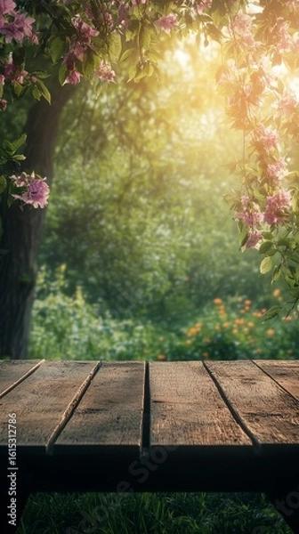 Fototapeta Wooden Table in a Garden Setting with Blooming Flowers and Sunlight