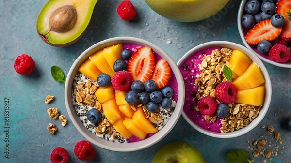 Fototapeta Delicious Fruit Custard Dessert in Glass Bowl with Colorful Toppings