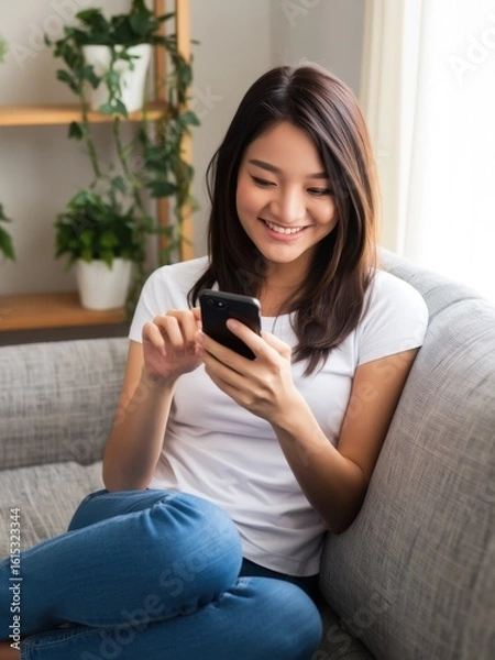 Fototapeta Engaging young woman using smartphone at home lifestyle cozy environment casual viewpoint digital connection